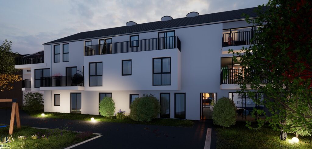 1:1 Rendering der Wohnhausanlage bei Nacht