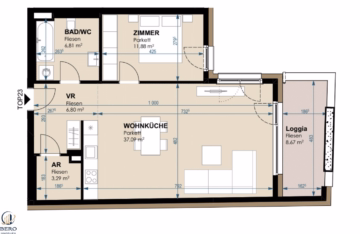 Grundriss - Moderne 2-Zimmer-Wohnung mit großzügiger Wohnküche & sonniger Loggia