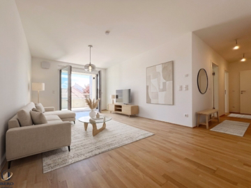 Wohnzimmer (virtuell möbliert) - Fantastische 3-Zimmer-Loggiawohnung! Erstbezug! 2 Wohnhäuser in Bestlage – (nur) noch 15 Wohnungen in verschiedenen Größen frei! PROVISIONSFREI!