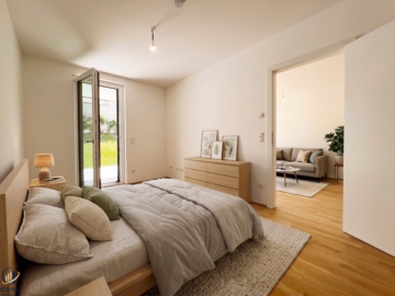 Schlafzimmer (mit KI möbliert) - Fantastische 2-Zimmer-Gartenwohnung! Erstbezug! 2 Wohnhäuser in Bestlage – (nur) noch 15 Wohnungen in verschiedenen Größen frei! PROVISIONSFREI!