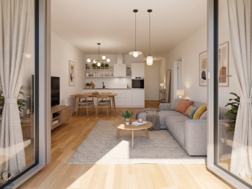 Blick vom Garten in das Wohnzimmer (mit KI möbliert) - Fantastische 2-Zimmer-Gartenwohnung! Erstbezug! 2 Wohnhäuser in Bestlage – (nur) noch 15 Wohnungen in verschiedenen Größen frei! PROVISIONSFREI!