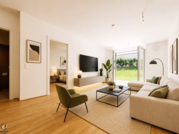 Wohnzimmer - Fantastische 2-Zimmer-Gartenwohnung! Erstbezug! 2 Wohnhäuser in Bestlage – (nur) noch 15 Wohnungen in verschiedenen Größen frei! PROVISIONSFREI!