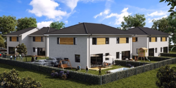 Hausansicht gartenseitig-Visualisierung - Neu errichtete DH-Hälfte mit Garten freut sich auf Sie als Bewohner: innen