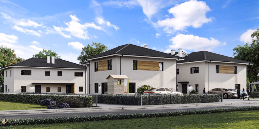 seitliche Hausansichten-Visualisierung - Neu errichtete DH-Hälfte mit sonnigem Garten