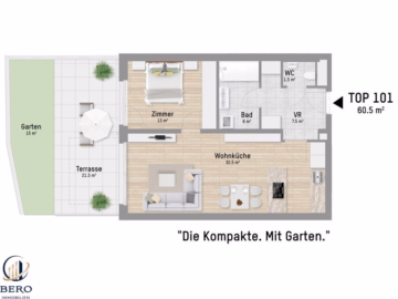 Grundriss - 2 Zimmer Gartenwohnung in der Lobau