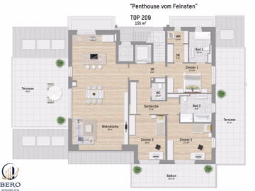 Grundriss - Penthouse – Lift bis zur Wohnung | 4 Zimmer | 2 Bäder | Terasse| Balkon | Lobau